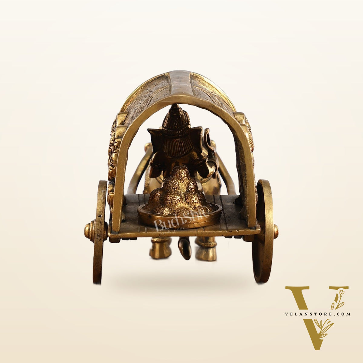 Brass Ganapati on Mooshak Rath idol with Modak Bowl | Engraved Cart with Ganesha and Lakshmi | length 13 inch