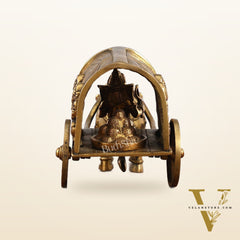 Brass Ganapati on Mooshak Rath idol with Modak Bowl | Engraved Cart with Ganesha and Lakshmi | length 13 inch