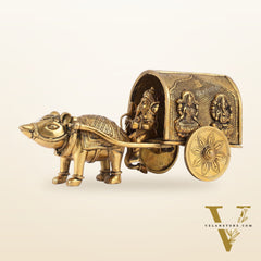 Brass Ganapati on Mooshak Rath idol with Modak Bowl | Engraved Cart with Ganesha and Lakshmi | length 13 inch
