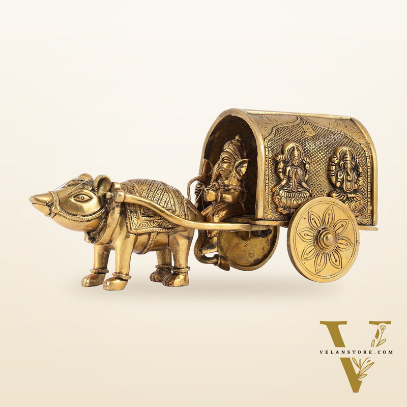 Brass Ganapati on Mooshak Rath idol with Modak Bowl | Engraved Cart with Ganesha and Lakshmi | length 13 inch