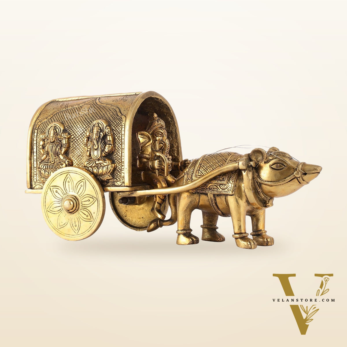 Brass Ganapati on Mooshak Rath idol with Modak Bowl | Engraved Cart with Ganesha and Lakshmi | length 13 inch