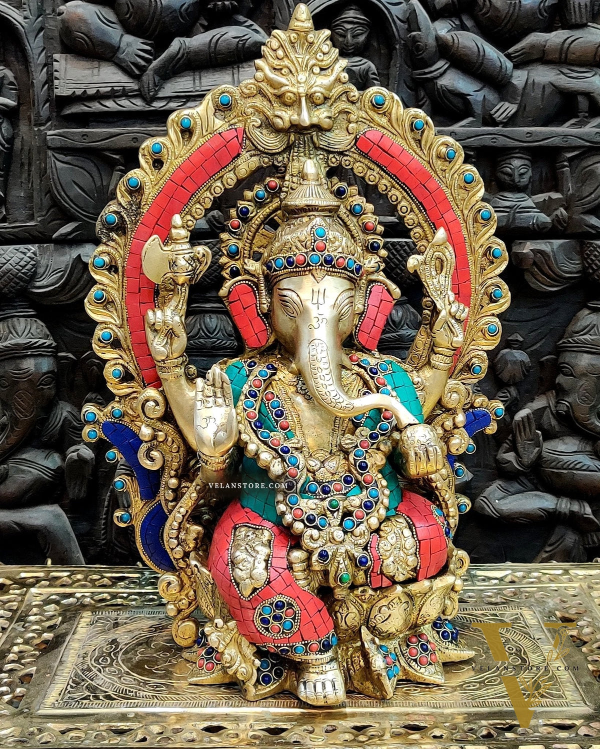 Brass Ganapati Statue on Lotus Throne with Prabhavali Arch - 15.5