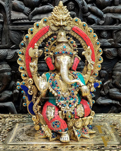 Brass Ganapati Statue on Lotus Throne with Prabhavali Arch - 15.5