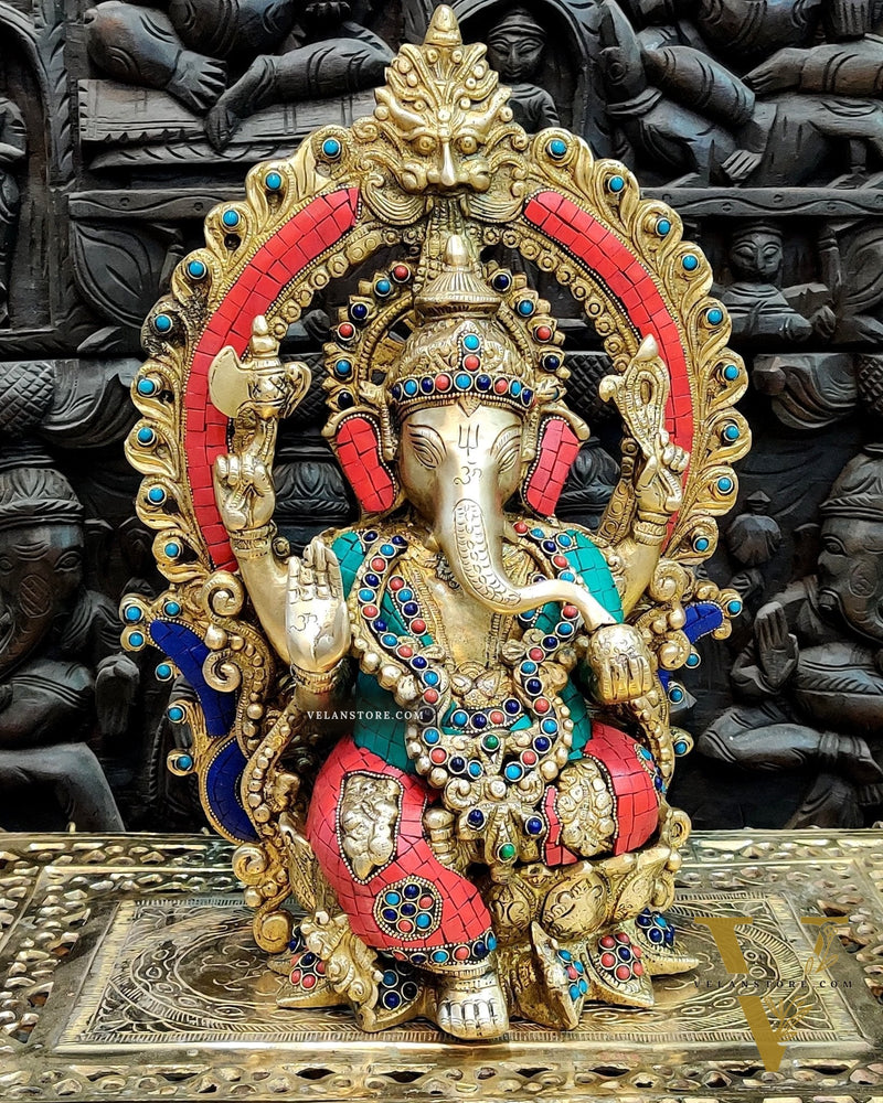 Brass Ganapati Statue on Lotus Throne with Prabhavali Arch - 15.5