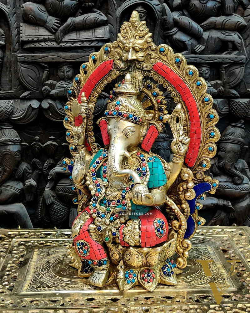 Brass Ganapati Statue on Lotus Throne with Prabhavali Arch - 15.5