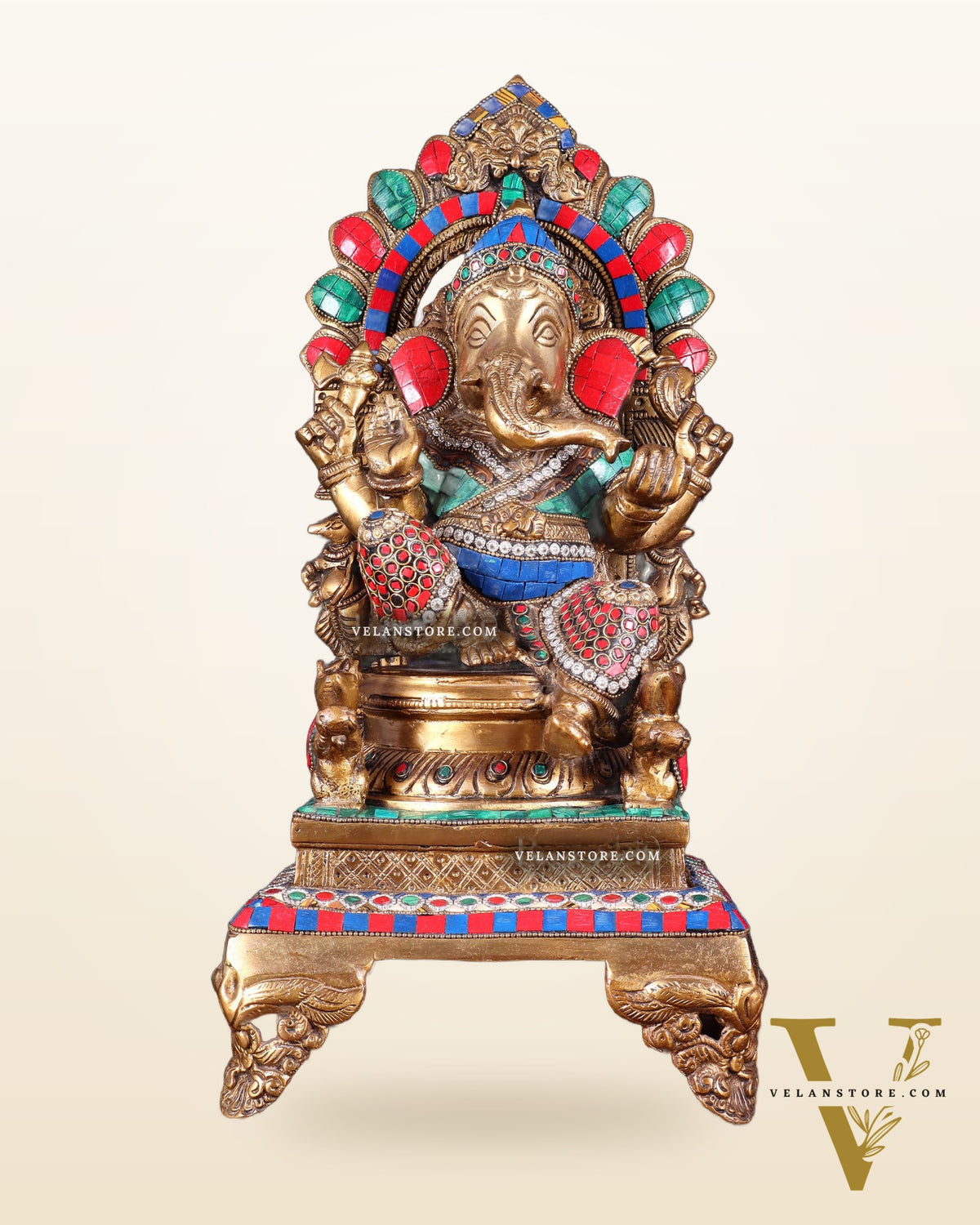 Brass Ganapati Statue on Throne - 17 inch