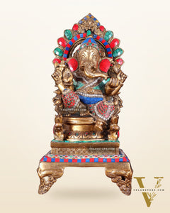 Brass Ganapati Statue on Throne - 17 inch