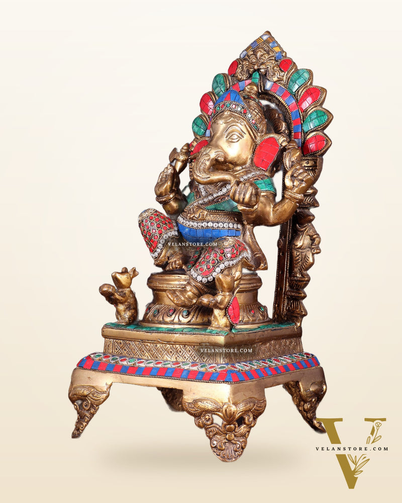Brass Ganapati Statue on Throne - 17 inch