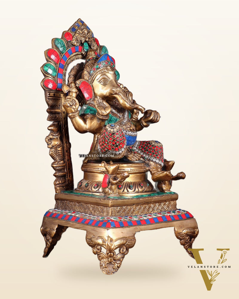 Brass Ganapati Statue on Throne - 17 inch