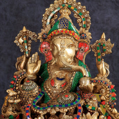 Brass Ganapati statue with sharp features - 16 inches