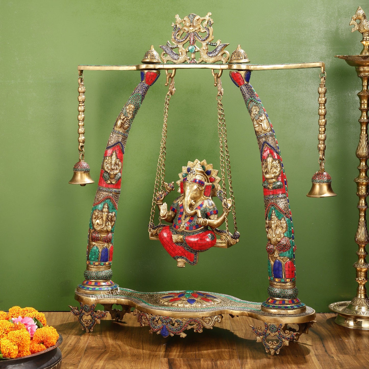 Brass Ganesha statue on Swing | Large-sized Masterpiece 36 inch