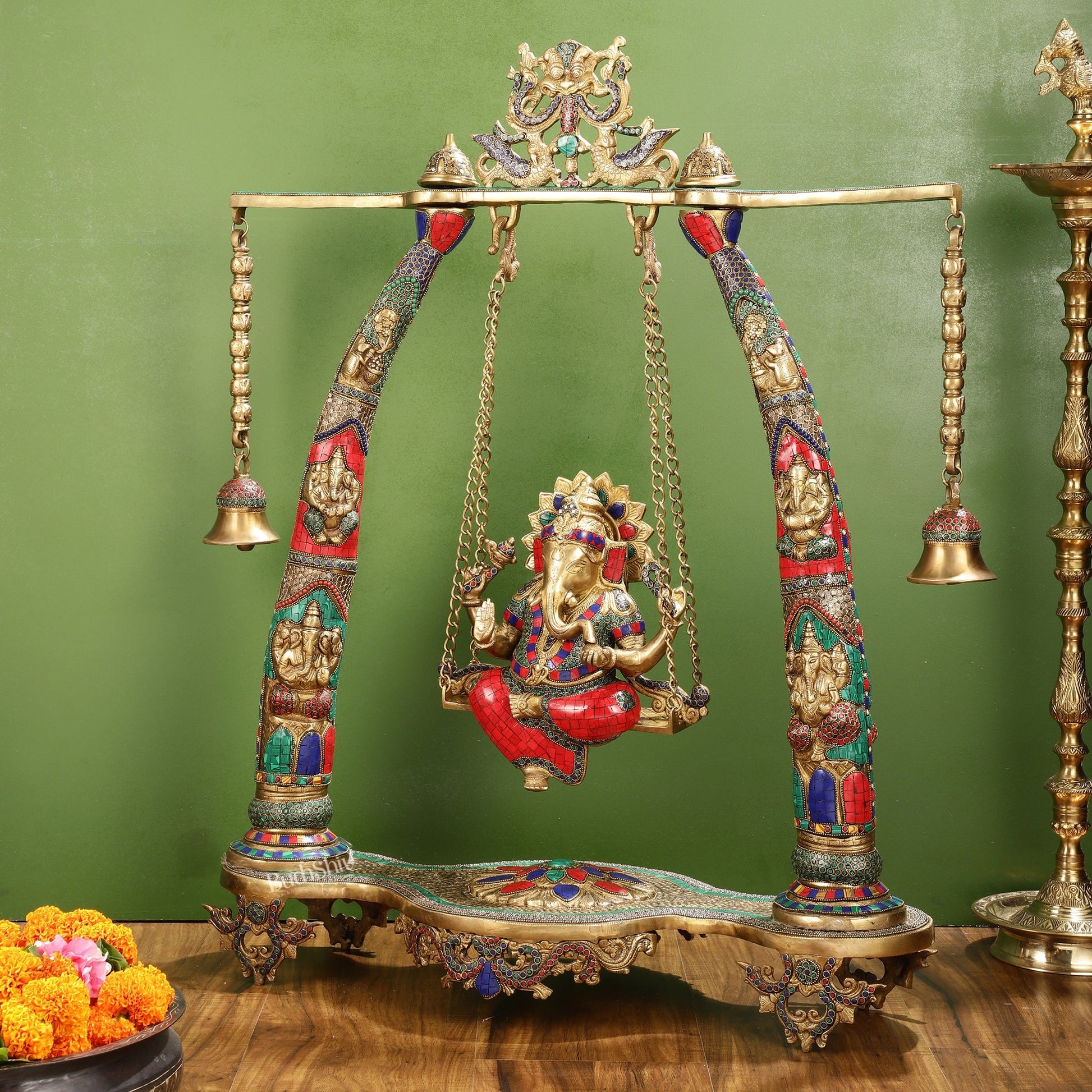 Brass Ganesha statue on Swing | Large-sized Masterpiece 36 inch
