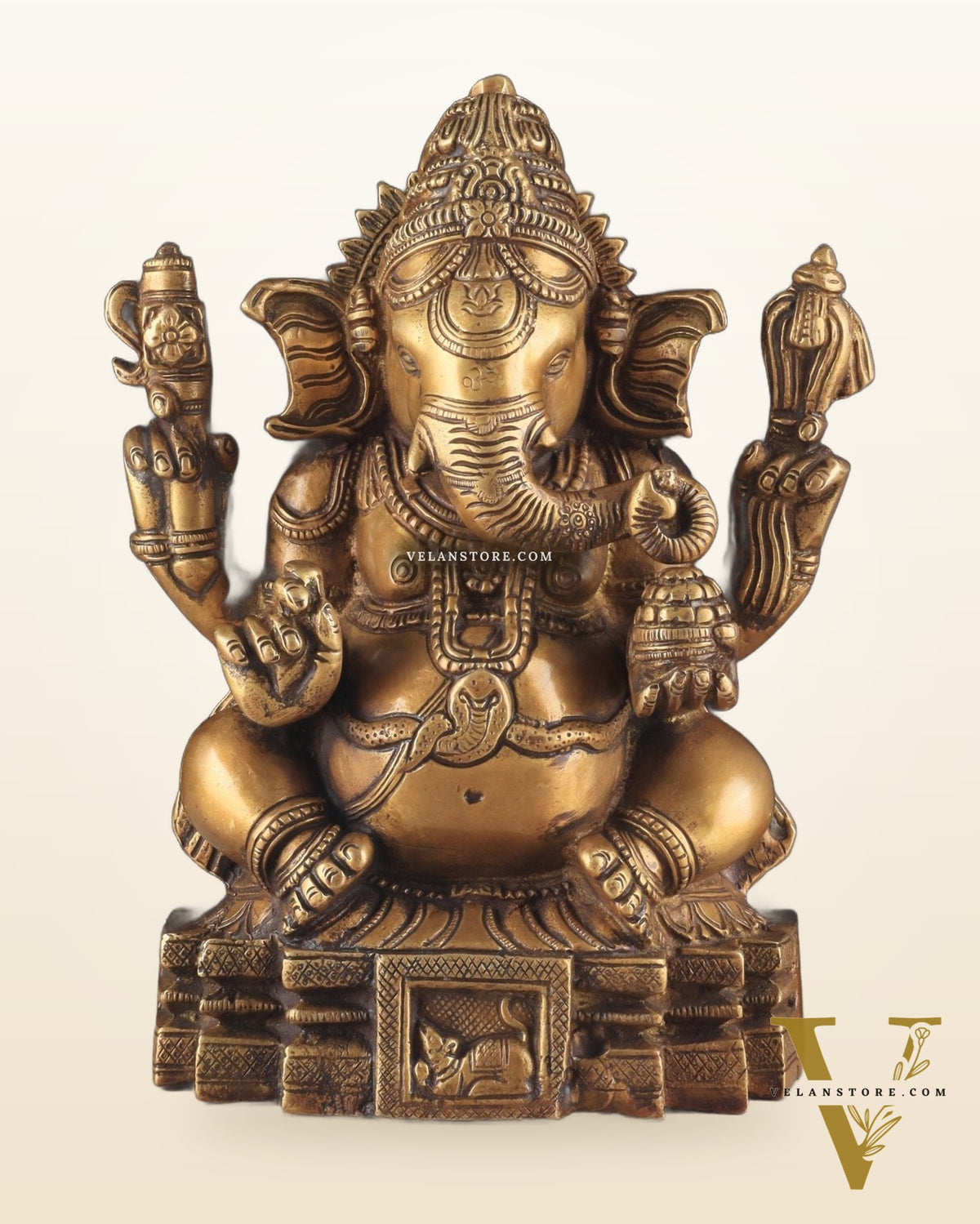 Brass Ganapati Unique Statue - Dull Gold Finish 11"