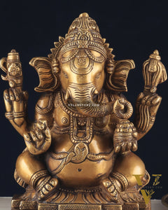 Brass Ganapati Unique Statue - Dull Gold Finish 11"