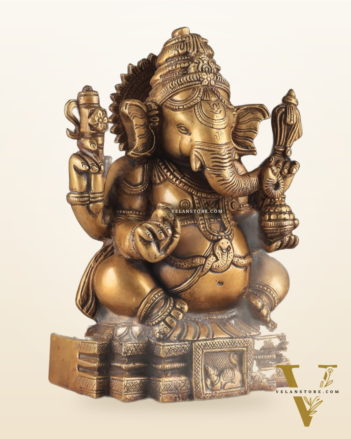 Brass Ganapati Unique Statue - Dull Gold Finish 11"