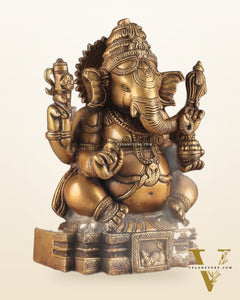 Brass Ganapati Unique Statue - Dull Gold Finish 11"