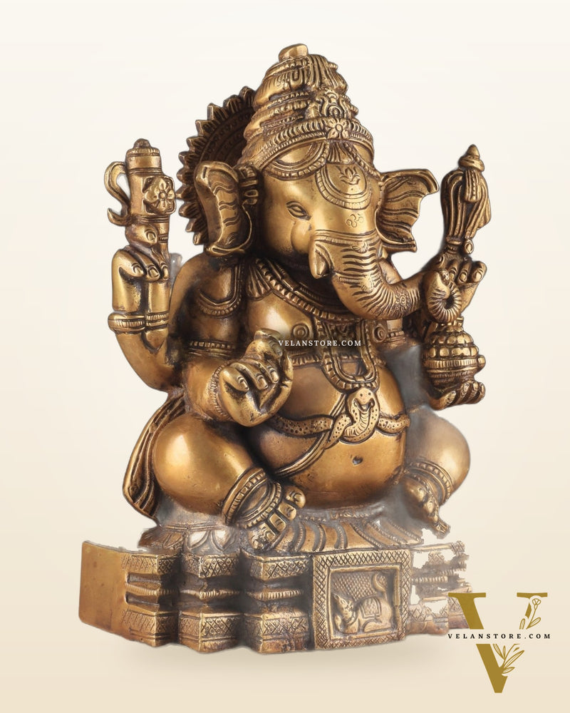 Brass Ganapati Unique Statue - Dull Gold Finish 11"