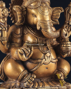 Brass Ganapati Unique Statue - Dull Gold Finish 11"