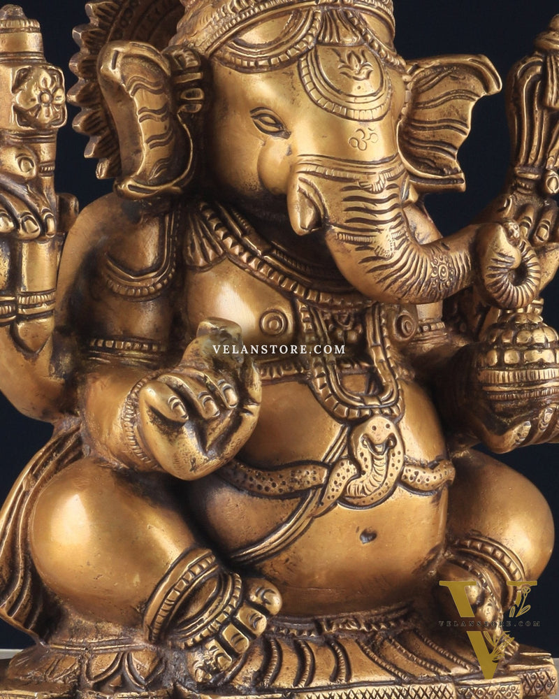Brass Ganapati Unique Statue - Dull Gold Finish 11"