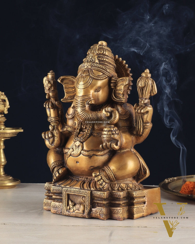 Brass Ganapati Unique Statue - Dull Gold Finish 11"
