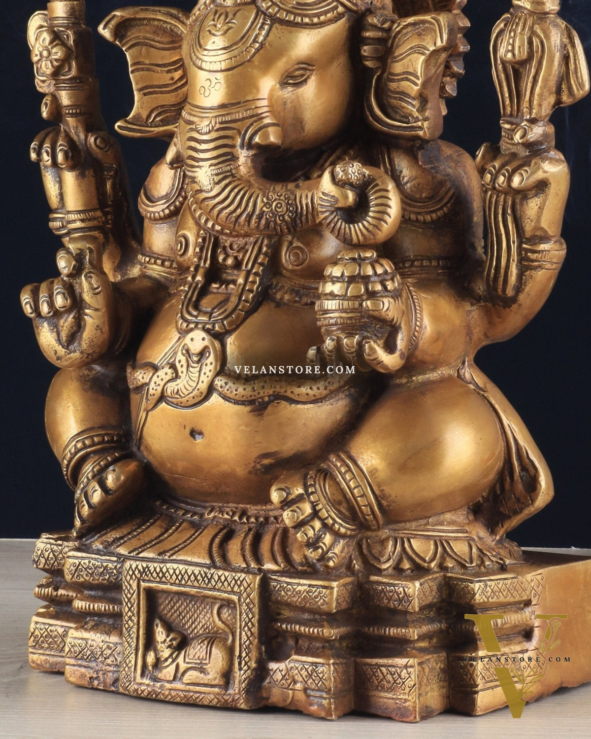 Brass Ganapati Unique Statue - Dull Gold Finish 11"