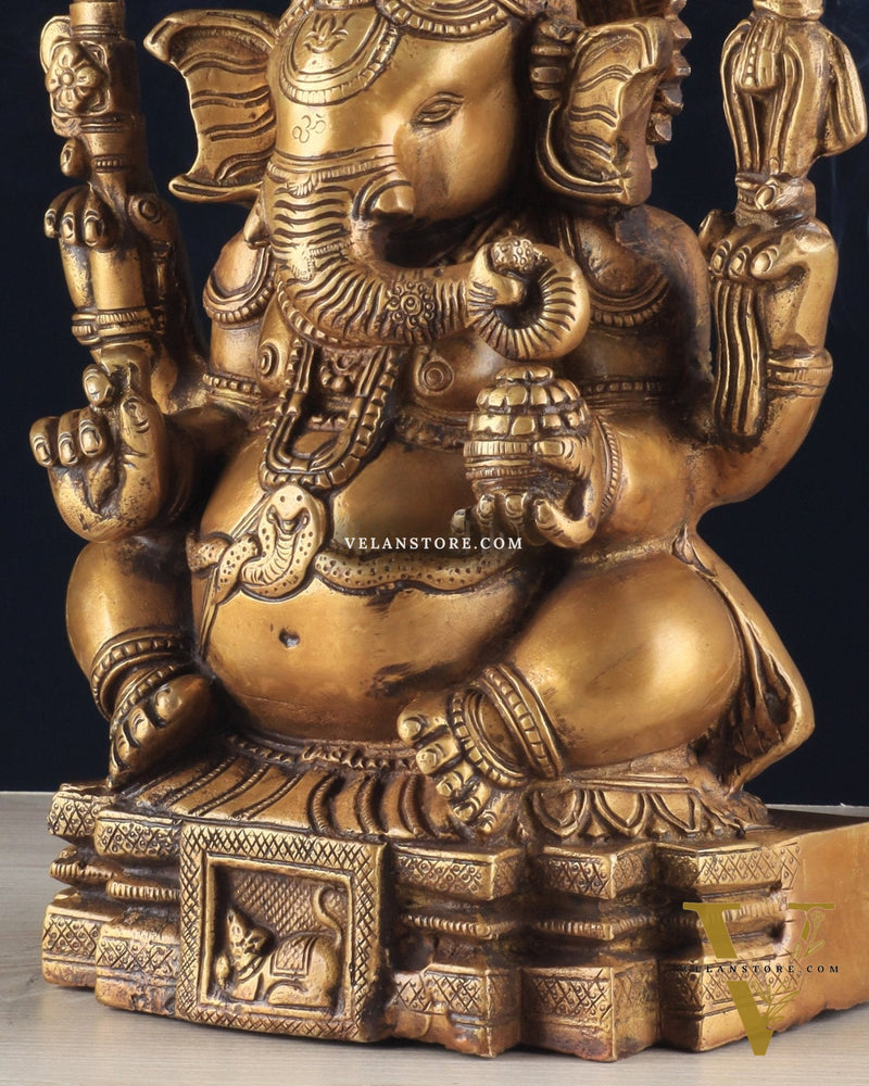Brass Ganapati Unique Statue - Dull Gold Finish 11"