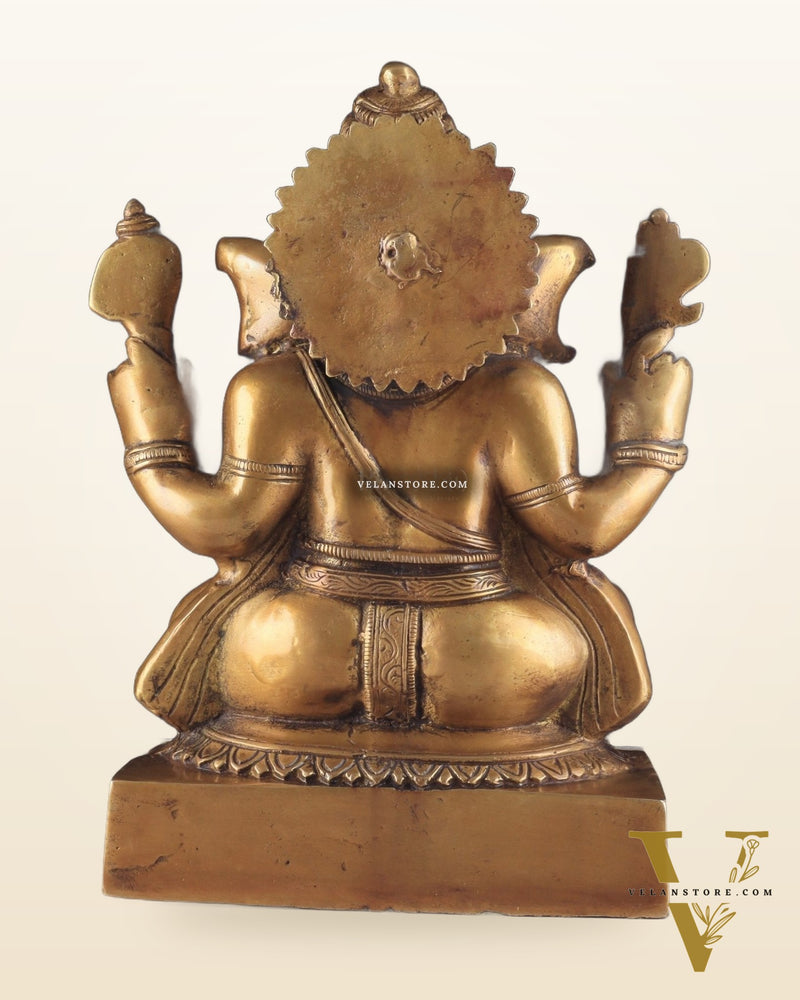 Brass Ganapati Unique Statue - Dull Gold Finish 11"