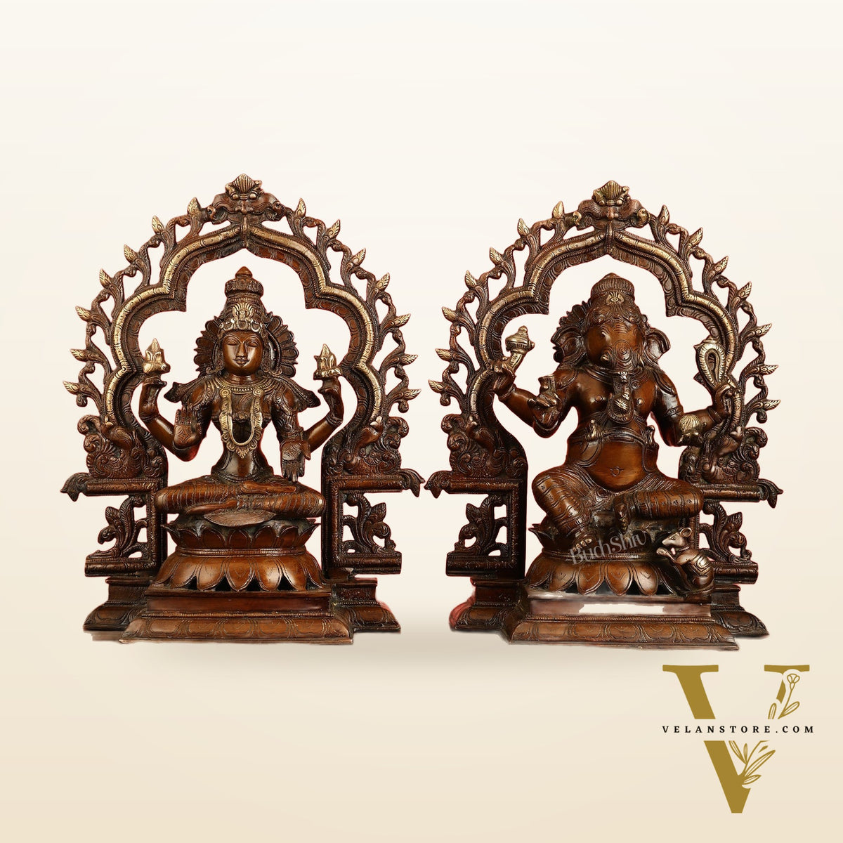 Brass Ganesh Lakshmi Large - Antique Bronze Finish - 16 Inch