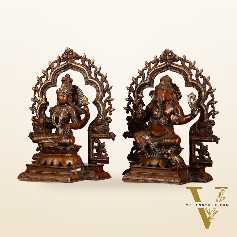 Brass Ganesh Lakshmi Large - Antique Bronze Finish - 16 Inch