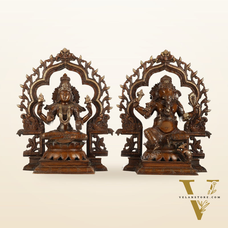 Brass Ganesh Lakshmi Large - Antique Bronze Finish - 16 Inch