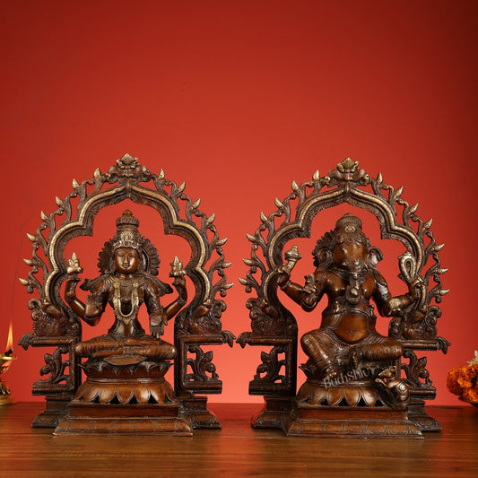 Brass Ganesh Lakshmi Large - Antique Bronze Finish - 16 Inch