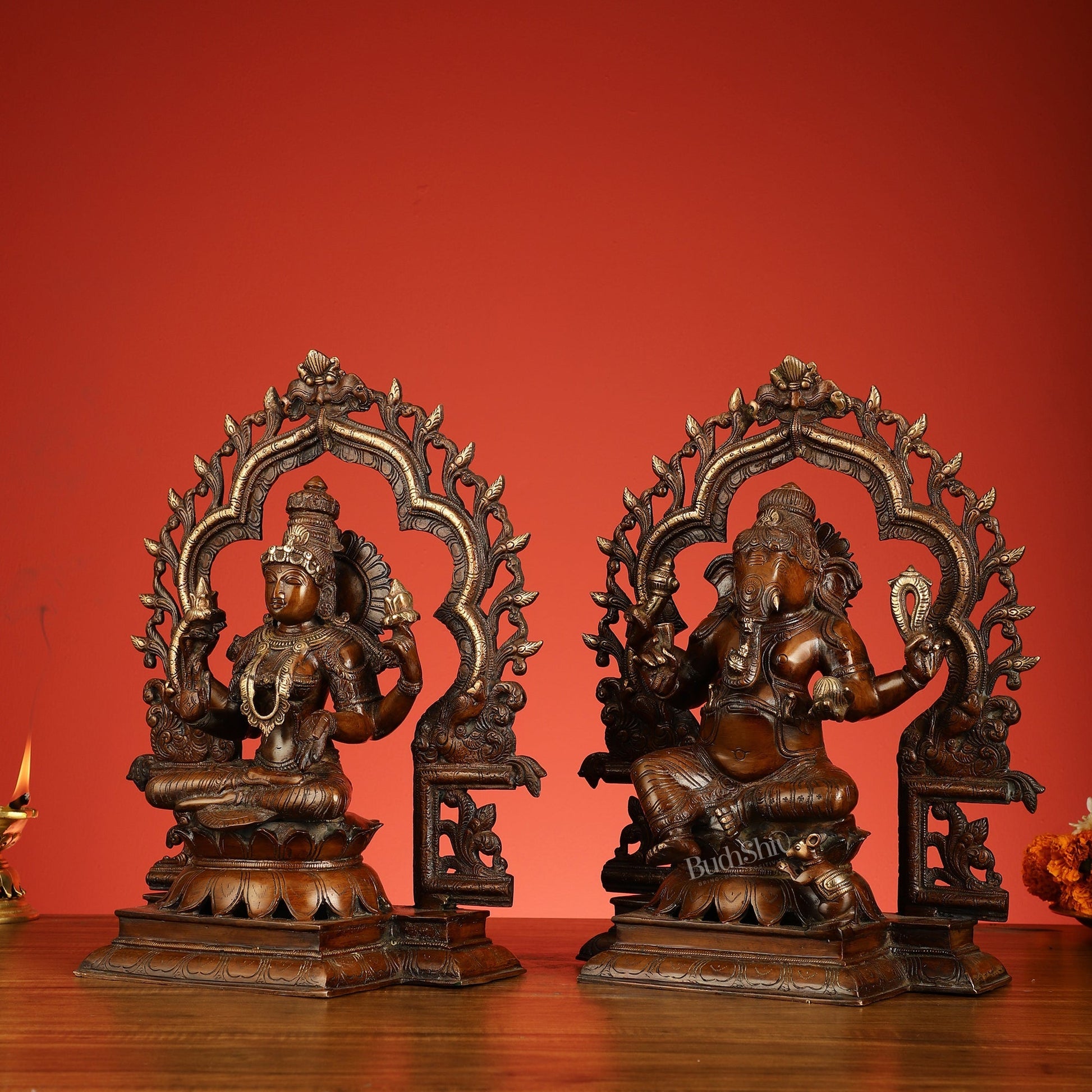 Brass Ganesh Lakshmi Large - Antique Bronze Finish - 16 Inch