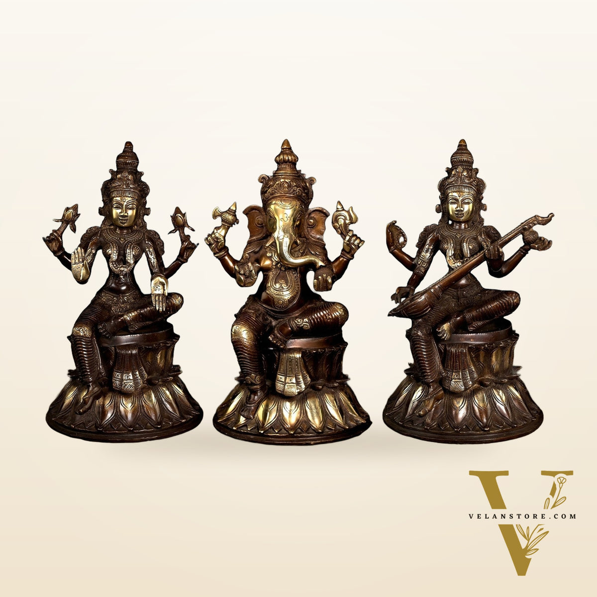 Brass Ganesh Lakshmi Saraswati set statues 15" large