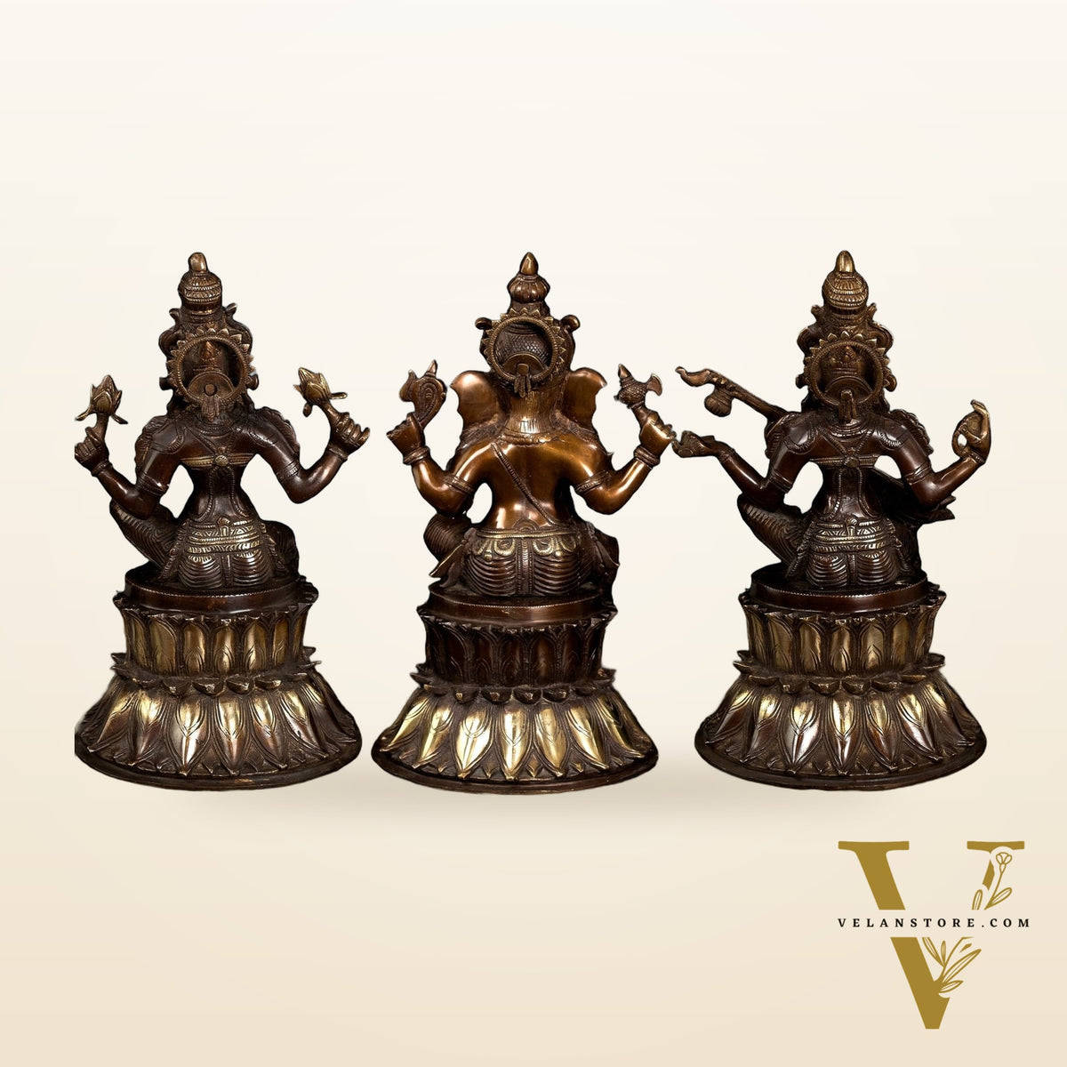 Brass Ganesh Lakshmi Saraswati set statues 15" large