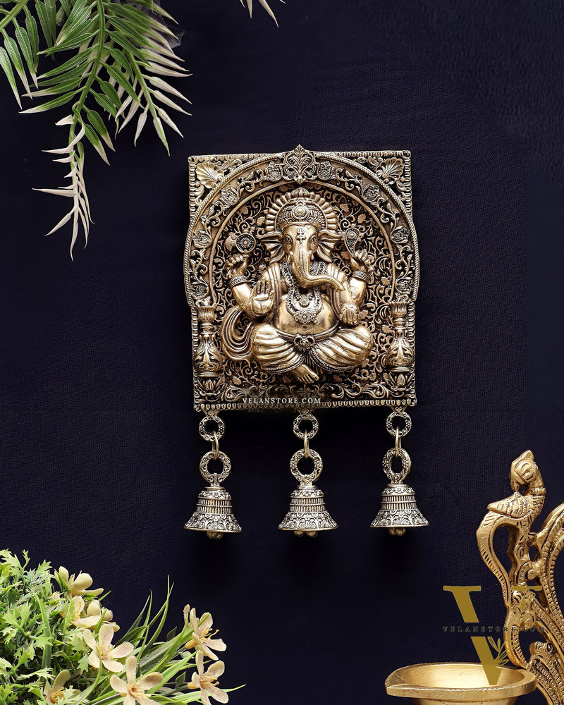 Brass Ganesh Square Frame Wall Hanging 7"