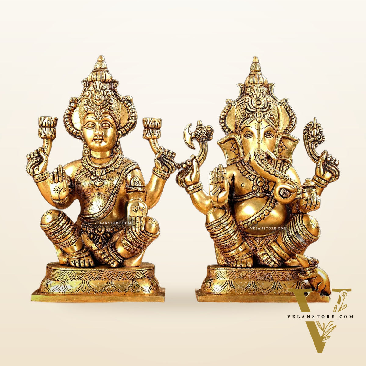 Brass Ganesha and Lakshmi Idol Pair - 11.5 Inch Statues