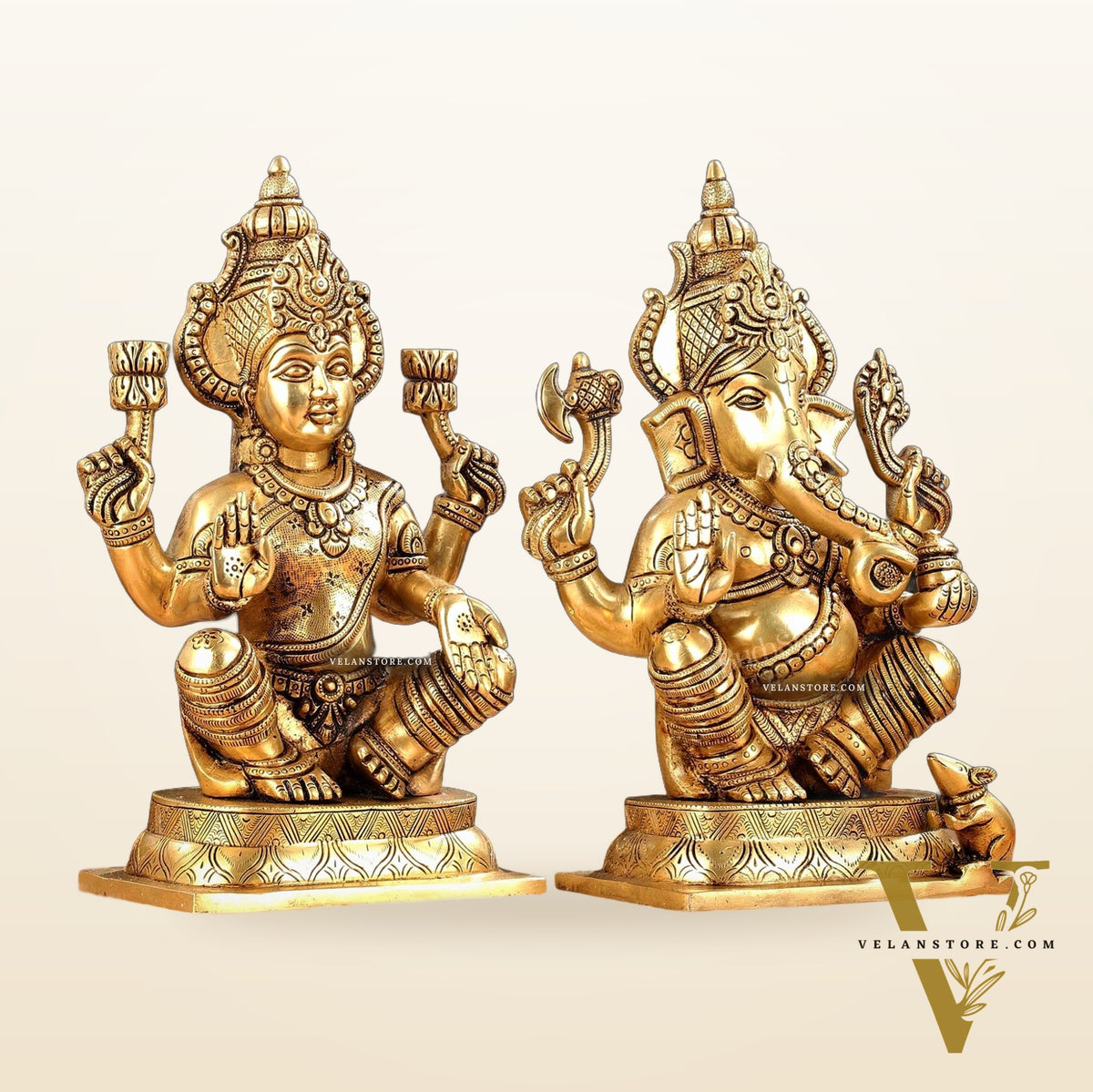Brass Ganesha and Lakshmi Idol Pair - 11.5 Inch Statues