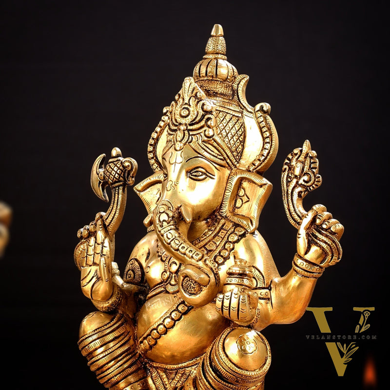 Brass Ganesha and Lakshmi Idol Pair - 11.5 Inch Statues