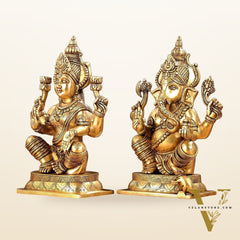 Brass Ganesha and Lakshmi Idol Pair - 11.5 Inch Statues