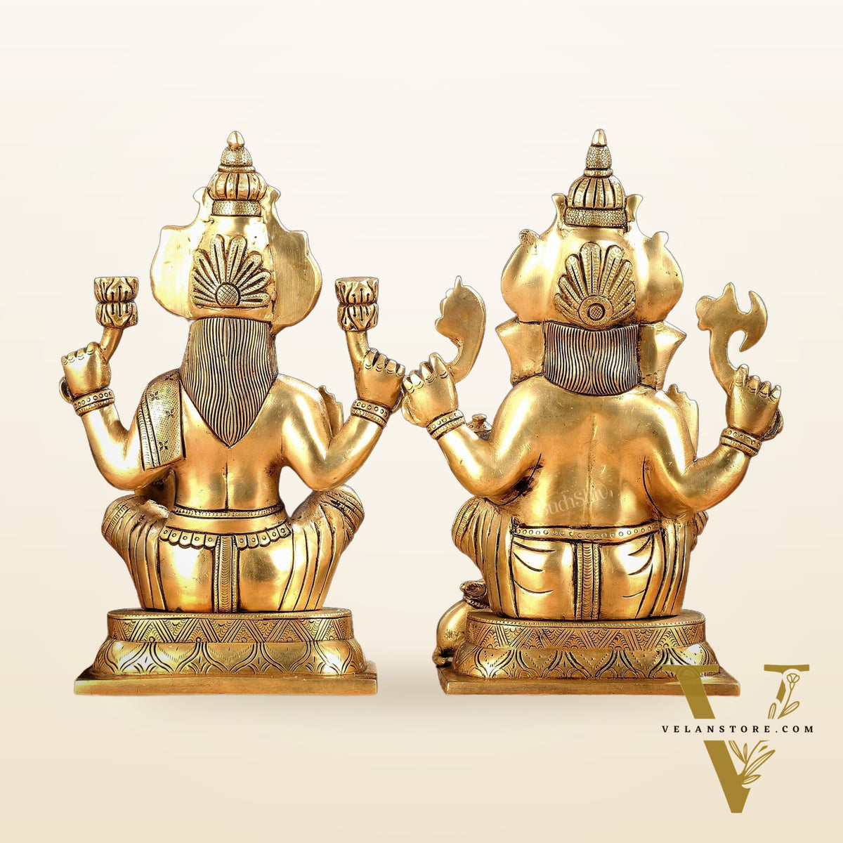 Brass Ganesha and Lakshmi Idol Pair - 11.5 Inch Statues