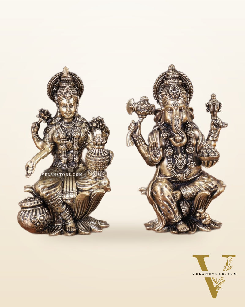 Brass Ganesha and Lakshmi Idol Pair Seated on Lotus 4"