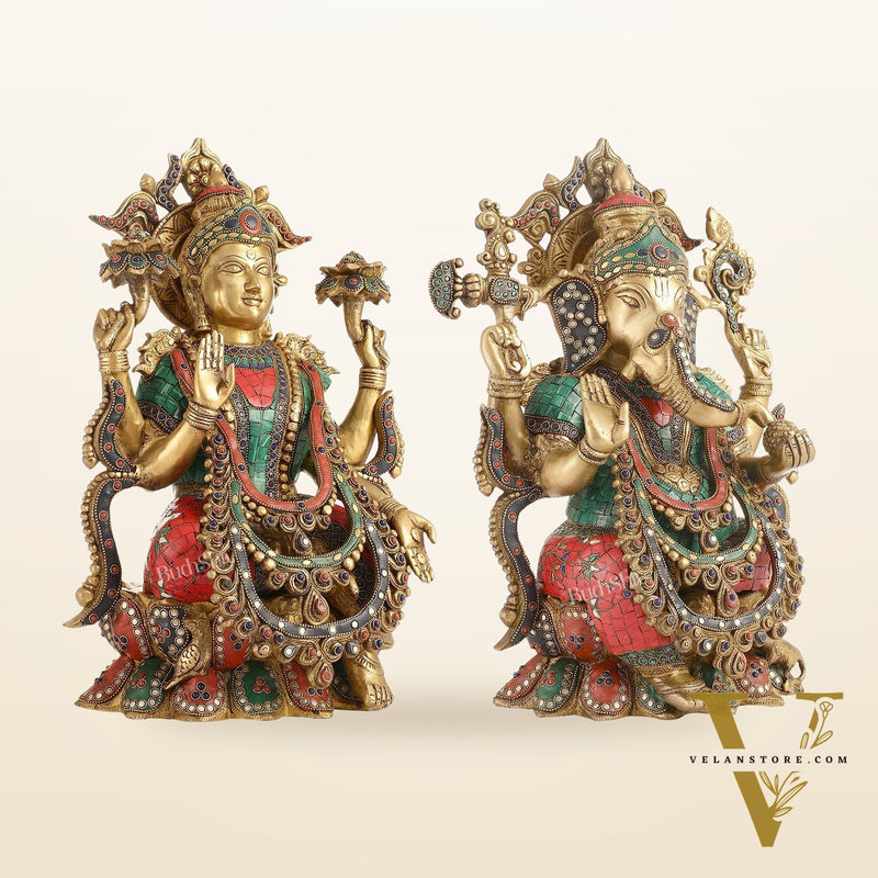Brass Ganesha and Lakshmi Idols 16"