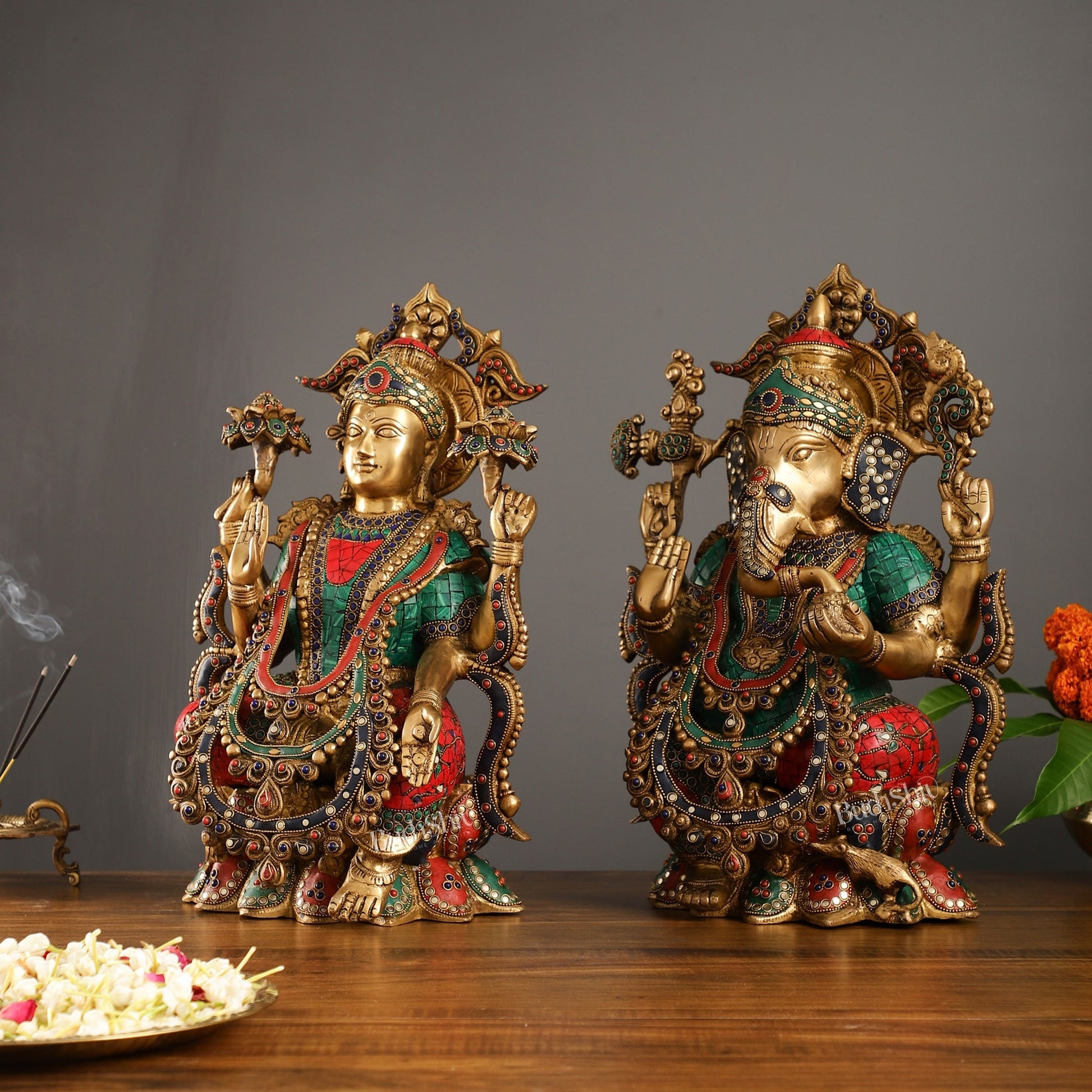 Brass Ganesha and Lakshmi Idols 16"