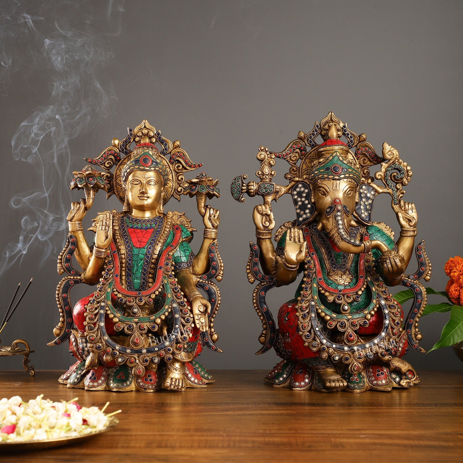 Brass Ganesha and Lakshmi Idols 16"