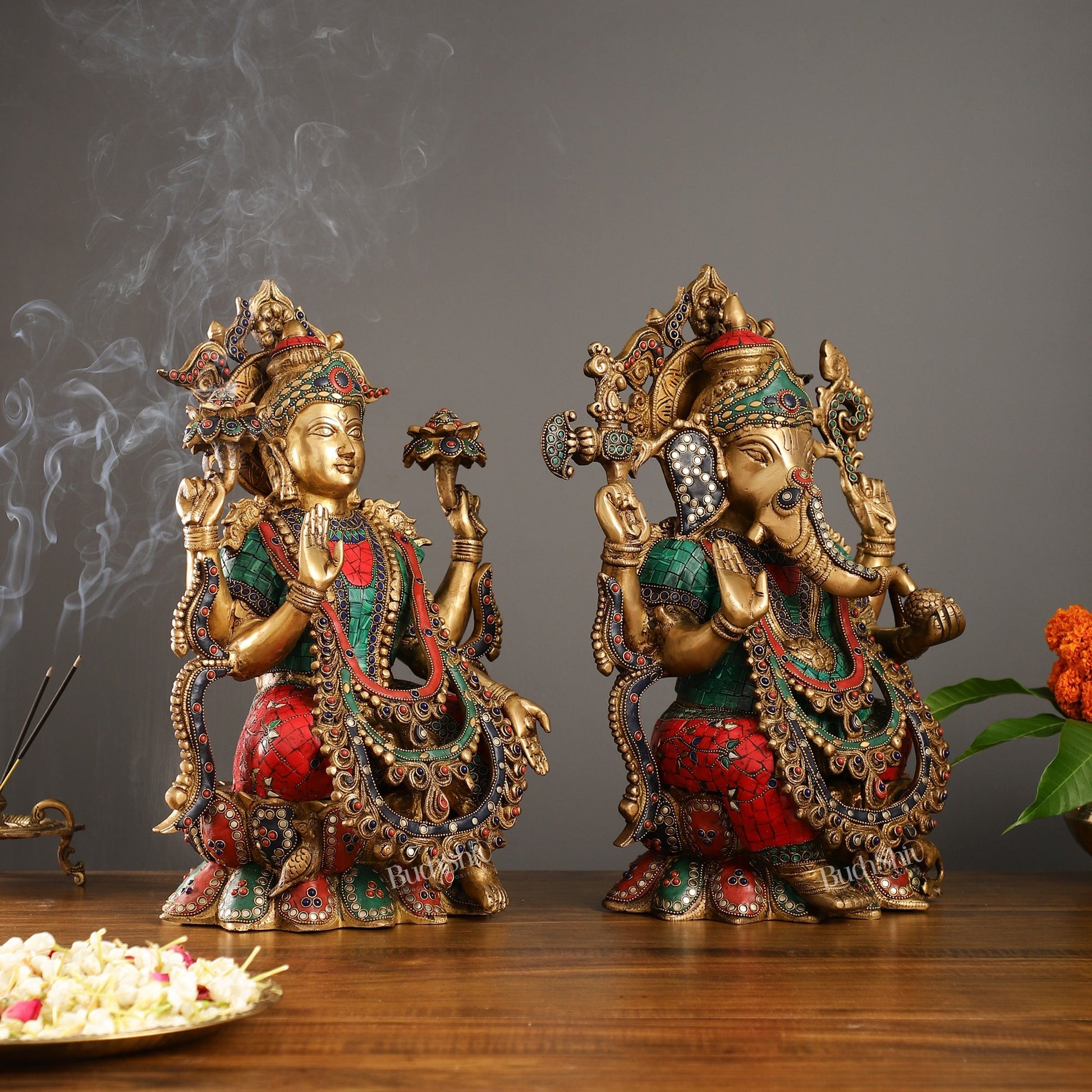 Brass Ganesha and Lakshmi Idols 16"