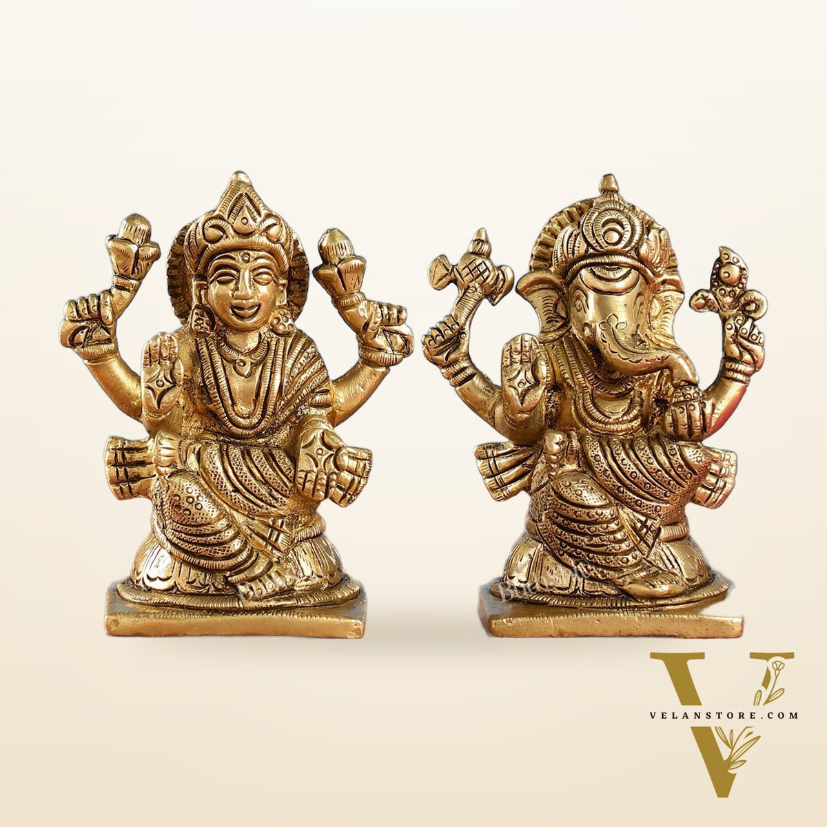 Brass Ganesha and Lakshmi Idols Pair | Height 4 inch