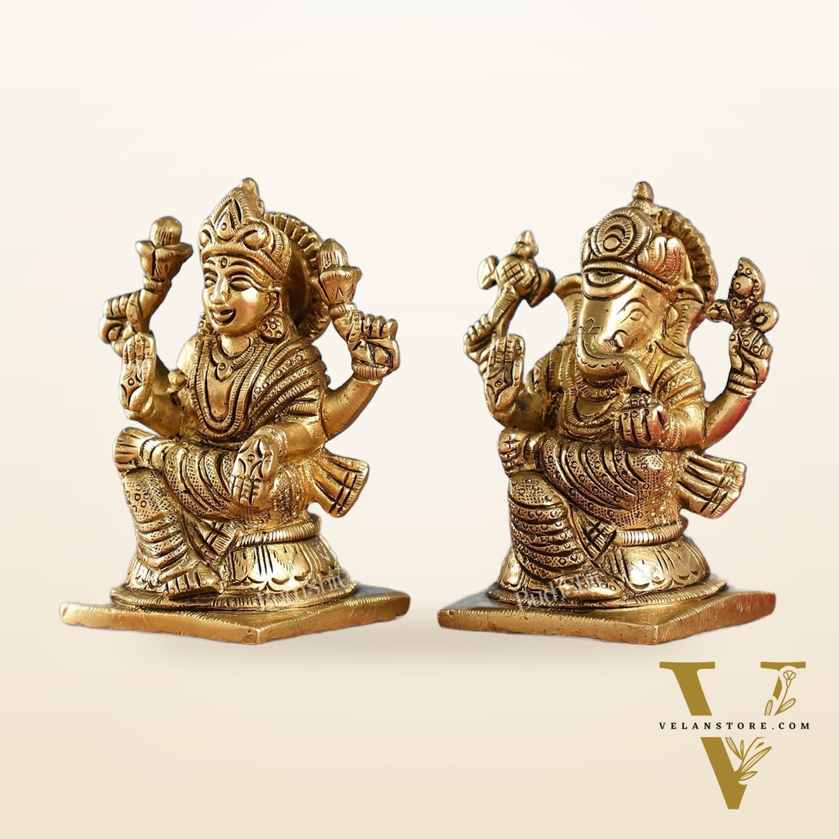 Brass Ganesha and Lakshmi Idols Pair | Height 4 inch