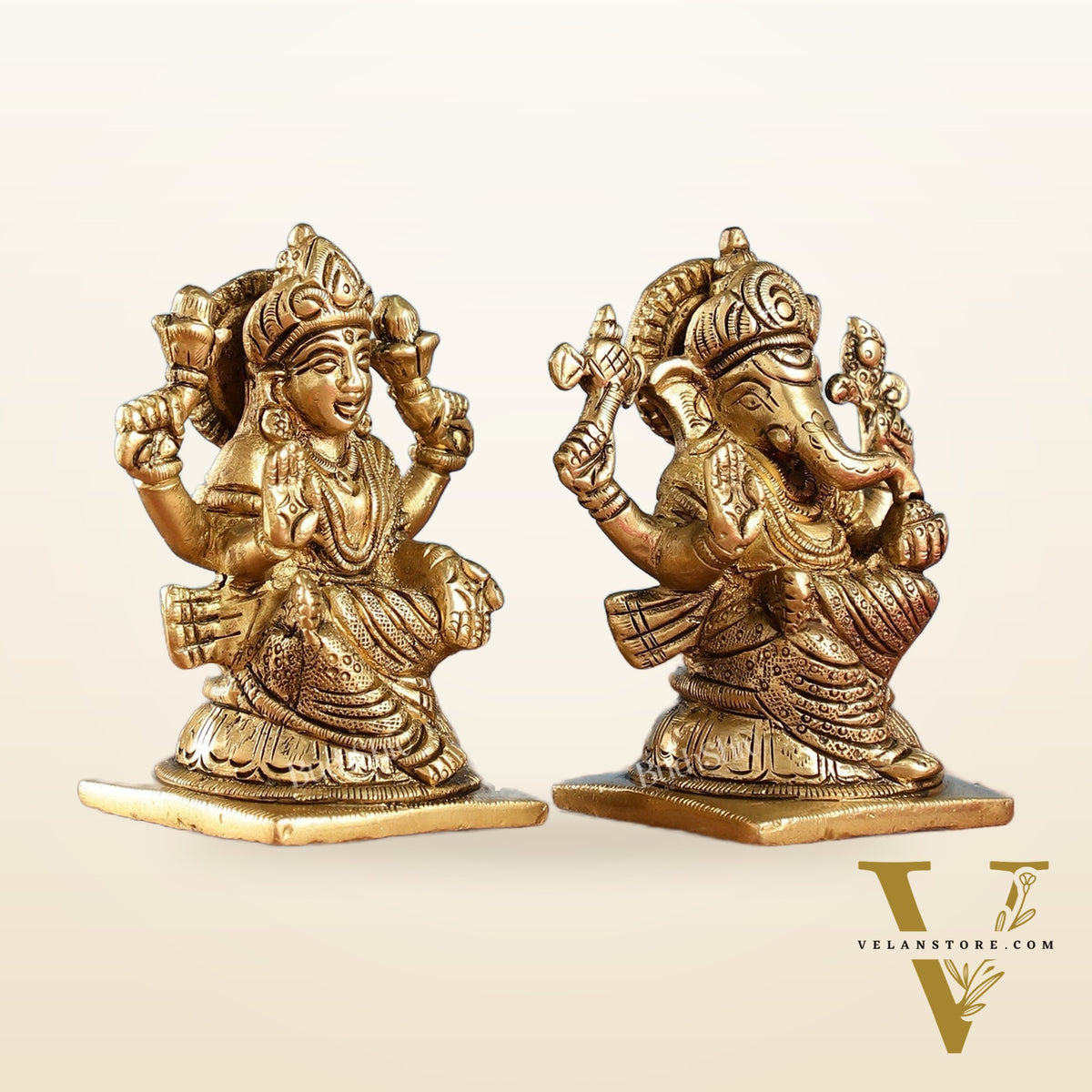Brass Ganesha and Lakshmi Idols Pair | Height 4 inch