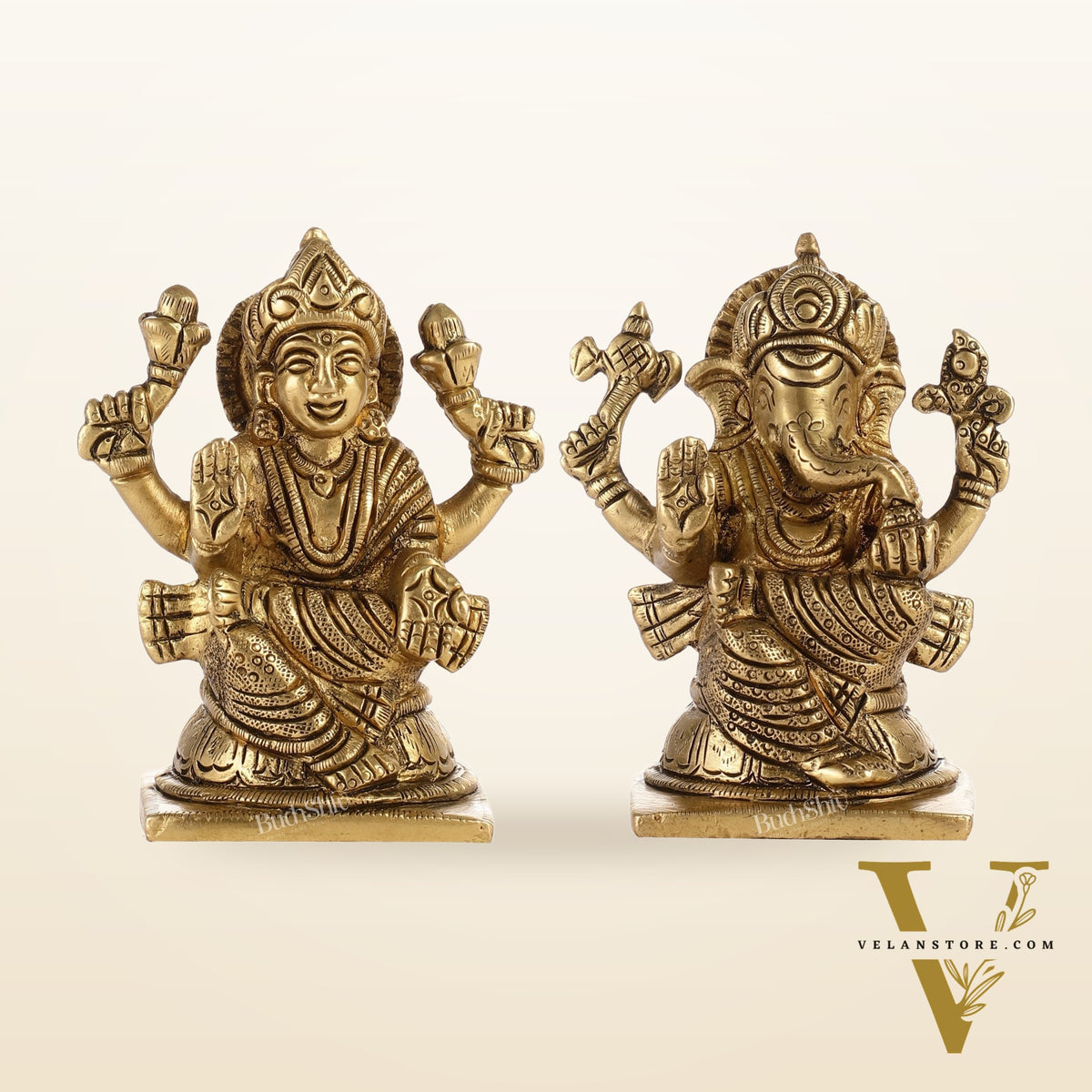 Brass Ganesha and Lakshmi Idols Pair | Height 4 inch