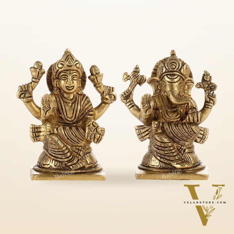 Brass Ganesha and Lakshmi Idols Pair | Height 4 inch